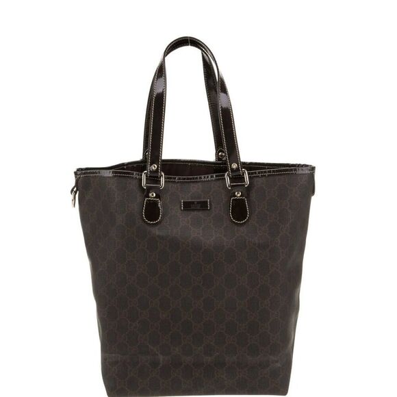 GUCCI GG Supreme Black/Brown Coated Canvas & Leather Medium Tote Handbag Purse - Picture 1 of 10